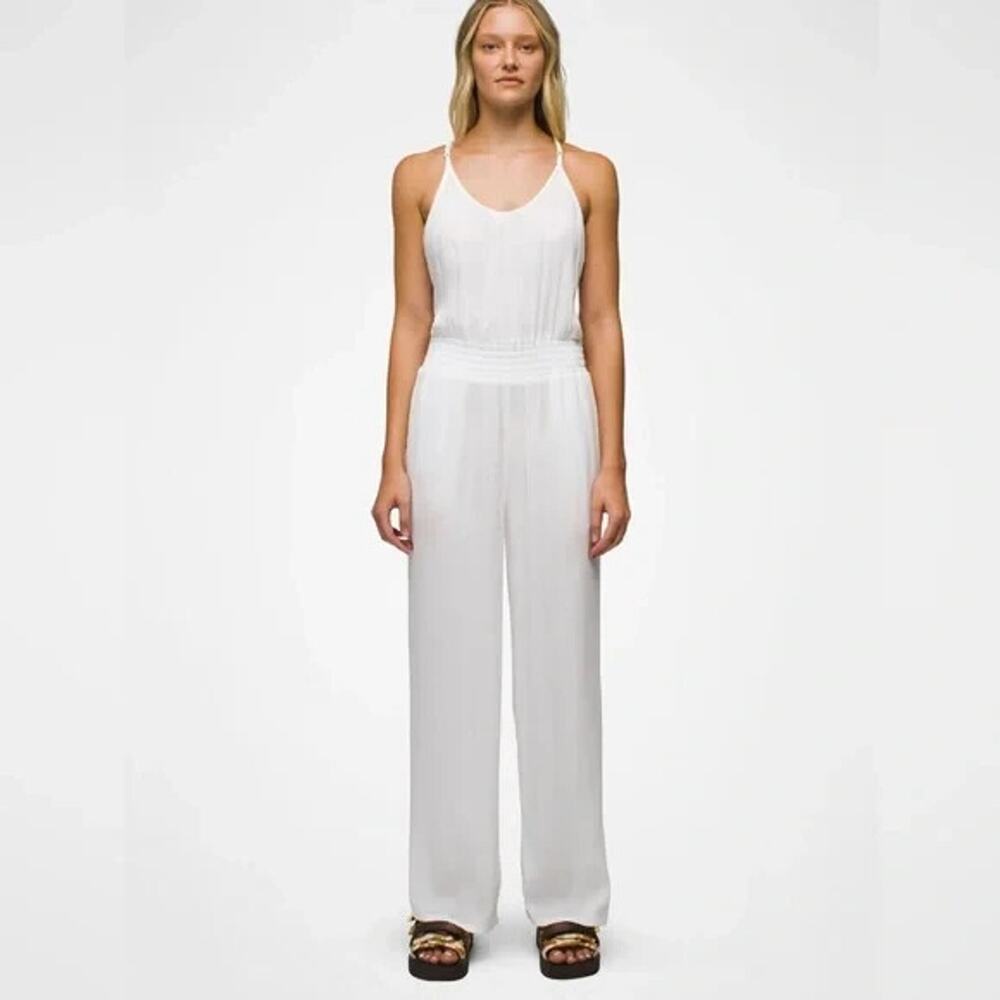 Prana Fernie Wide Leg Jumpsuit Womens Large White LIghtweight Adjustable Flowy